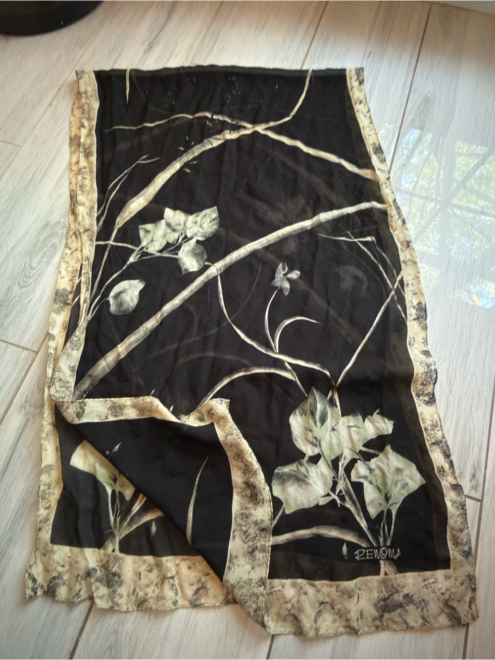 RENOMA women’s Pure Silk Scarf Black Featuring Floral Design